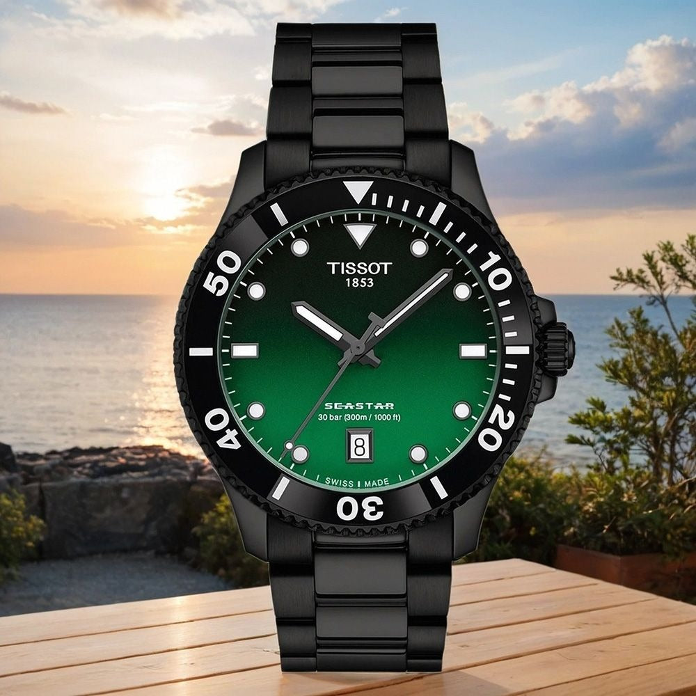 Tissot Tissot Seastar 1000 Quartz Green Dial Black Steel Strap Watch for Men - T120.410.33.091.00