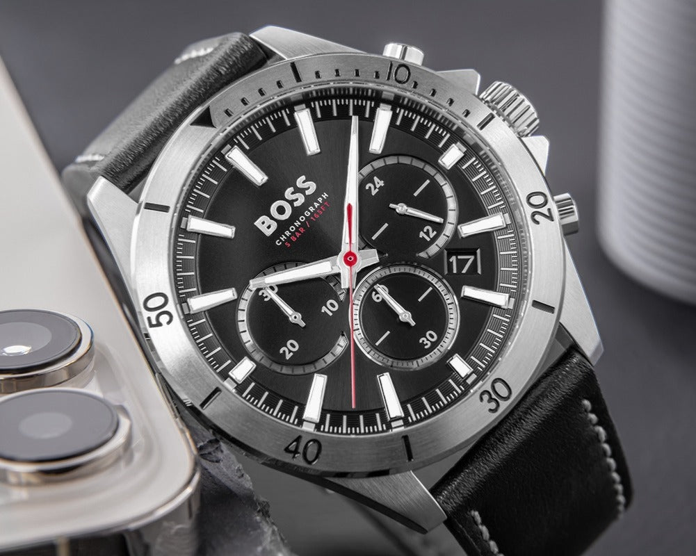 Hugo Boss Troper Chronograph Black Dial Black Leather Strap Watch for Men - 1514055