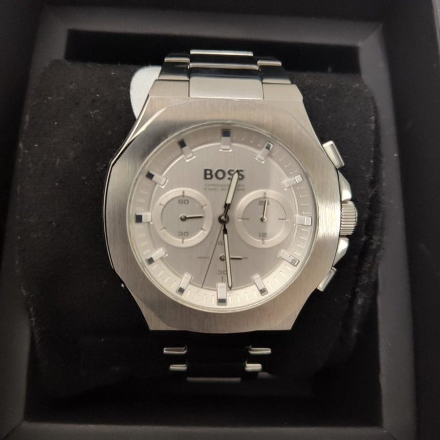 Hugo Boss Taper Chronograph White Dial Silver Steel Strap Watch for Men - 1514087