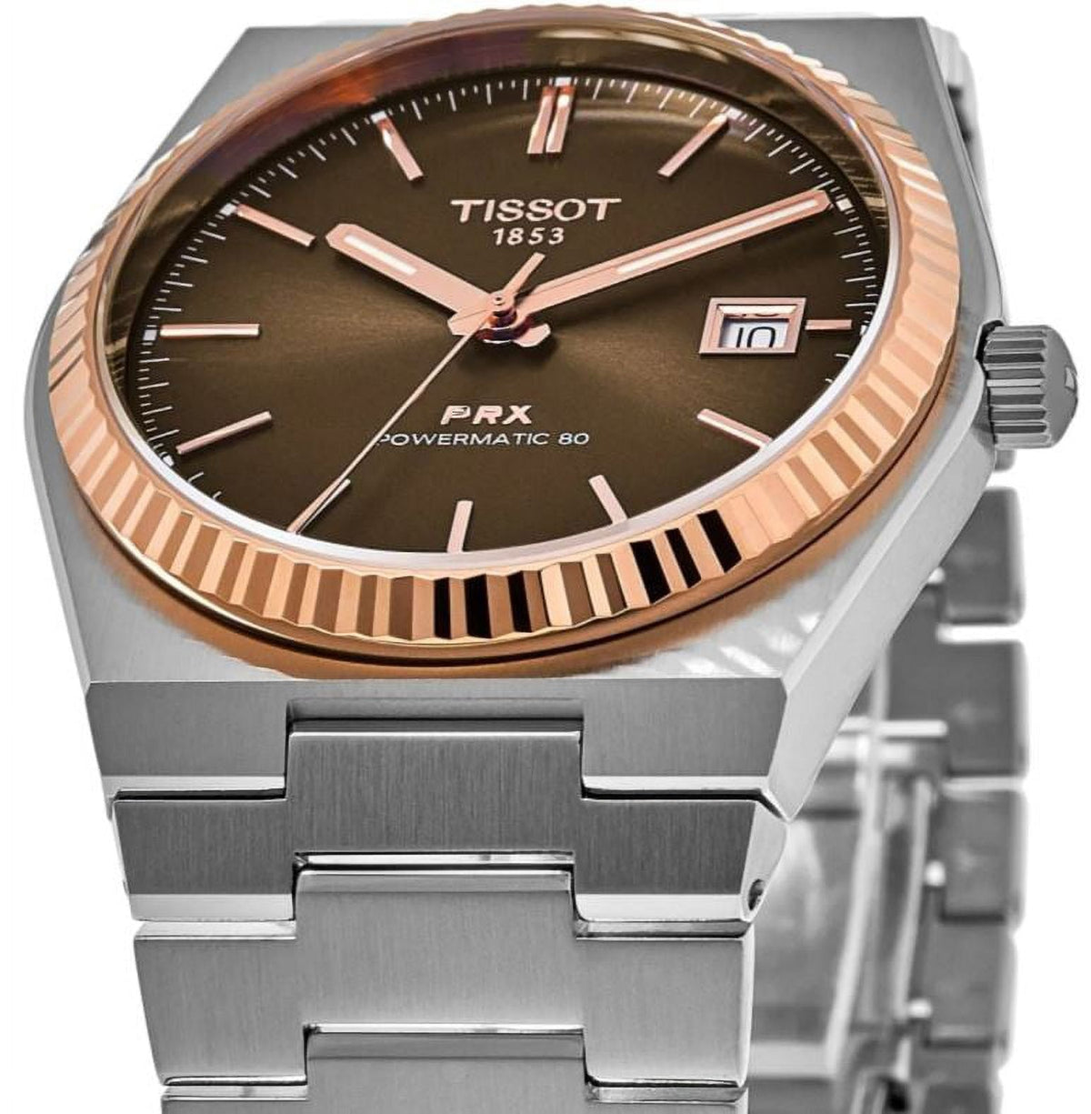 Tissot PRX Powermatic 80 18K Gold Brown Dial Silver Steel Strap Watch for Men - T931.407.41.291.00