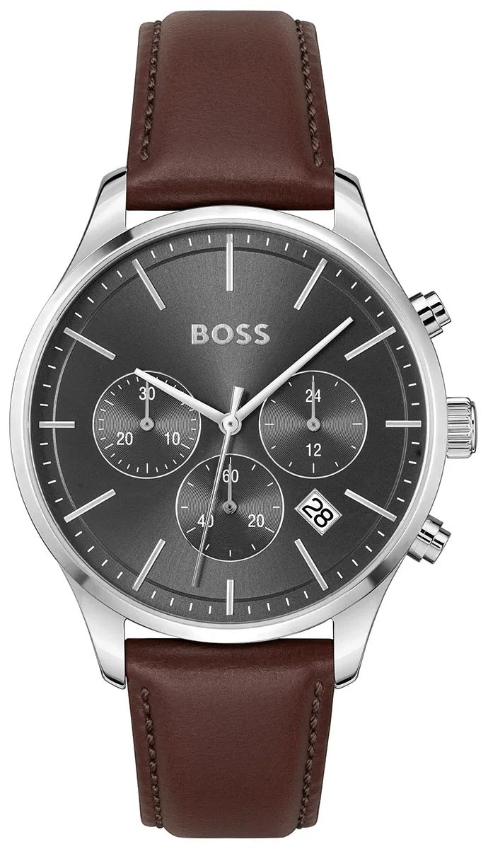 Hugo Boss Avery Chronograph Grey Dial Brown Leather Strap Watch for Men - 1514155