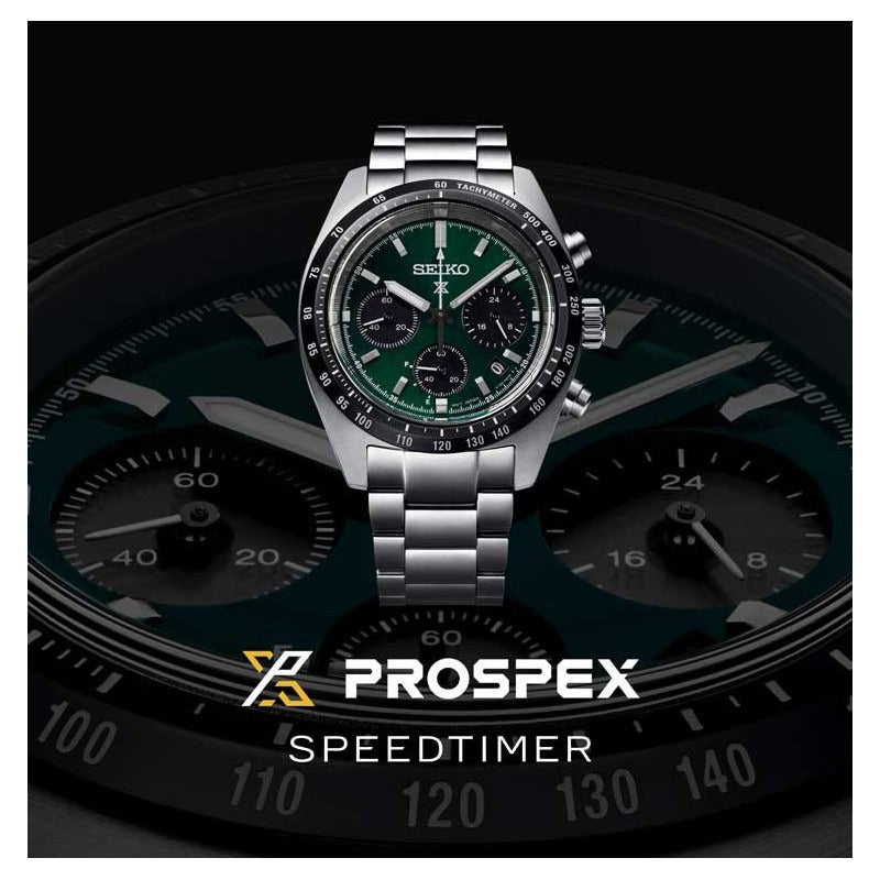 Seiko Prospex Speedtimer Solar Chronograph Green Dial Silver Steel Strap Watch for Men - SSC933