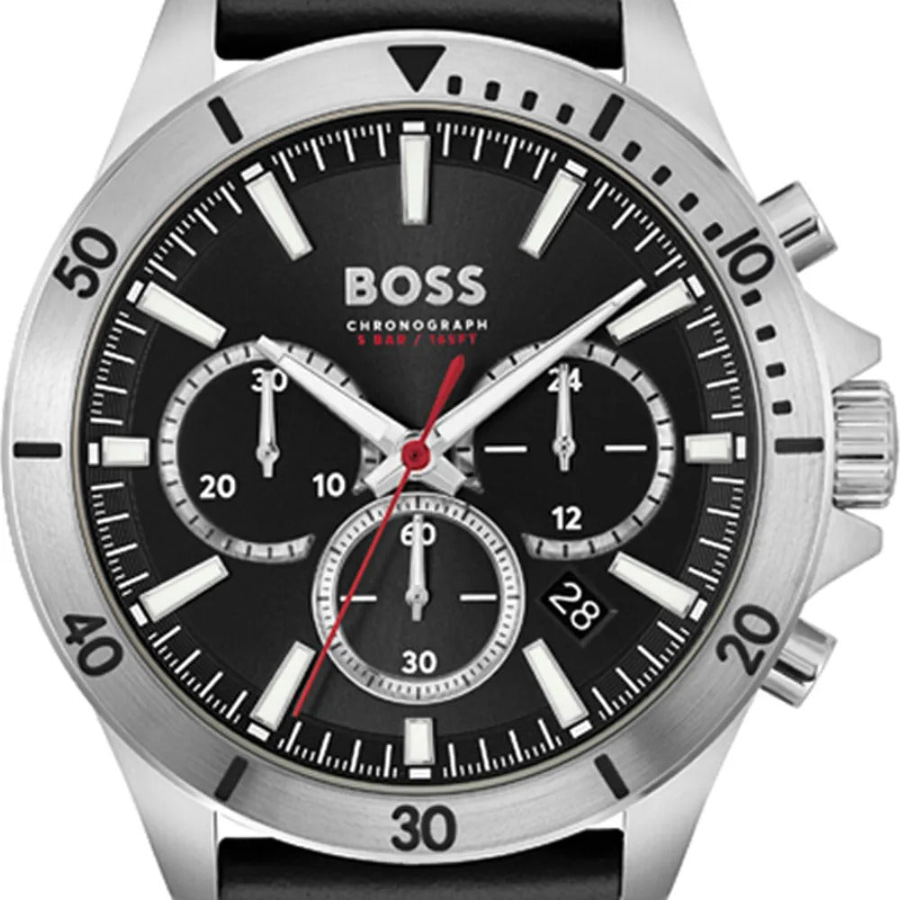 Hugo Boss Troper Chronograph Black Dial Black Leather Strap Watch for Men - 1514055