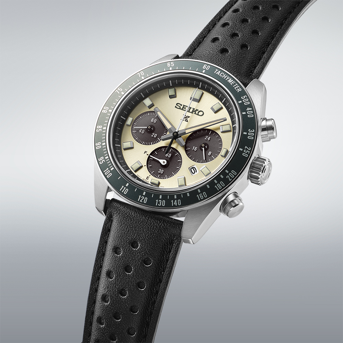 Seiko Prospex Speedtimer Solar Chronograph Ivory Dial Black Leather Strap Watch for Men - SSC943