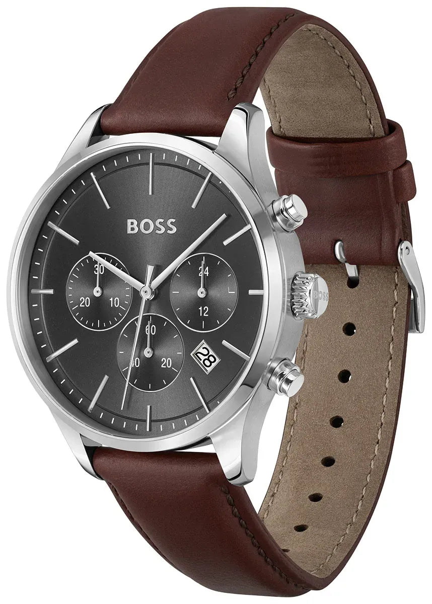 Hugo Boss Avery Chronograph Grey Dial Brown Leather Strap Watch for Men - 1514155