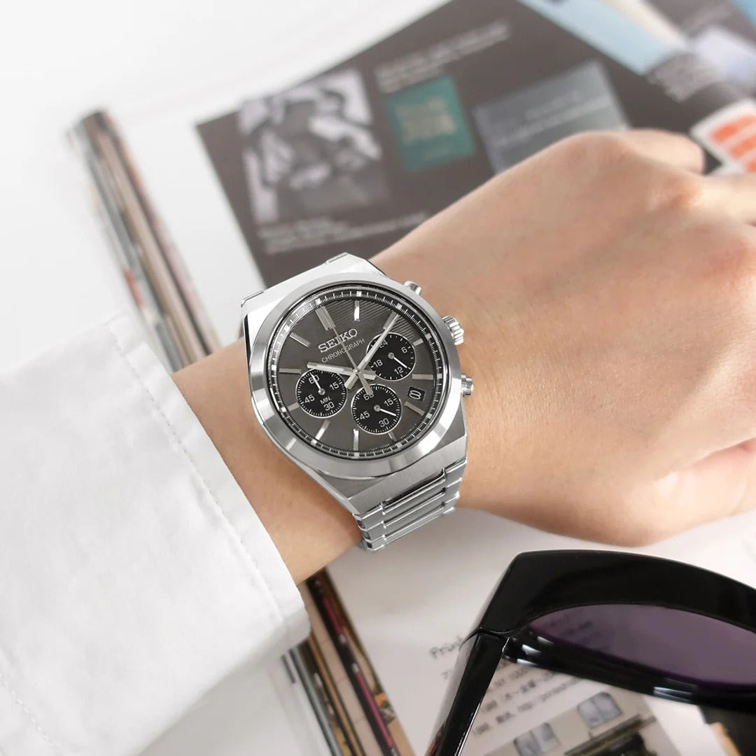 Seiko Conceptual Chronograph Grey Dial Silver Steel Strap Watch for Men - SSB455P1