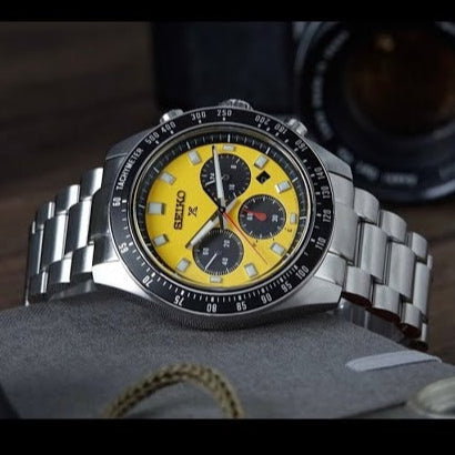 Seiko Prospex Speedtimer Solar Chronograph Yellow Dial Silver Steel Strap Watch for Men - SSC929