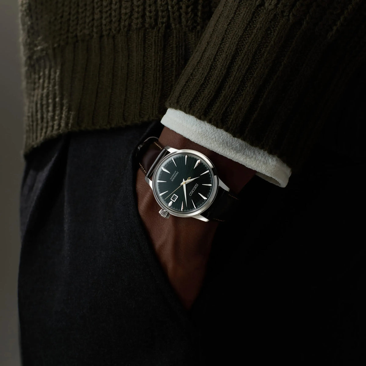 Seiko Presage Cocktail Time Automatic Green Dial Brown Leather Strap Watch for Men - SRPD37J1