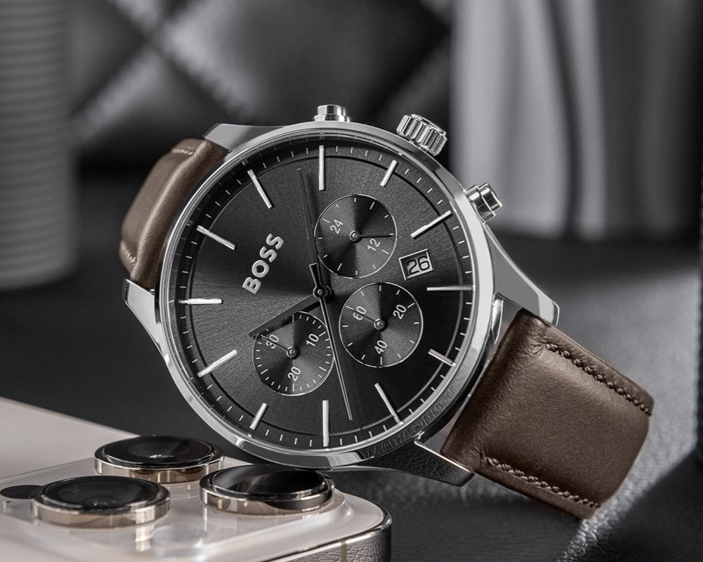 Hugo Boss Avery Chronograph Grey Dial Brown Leather Strap Watch for Men - 1514155