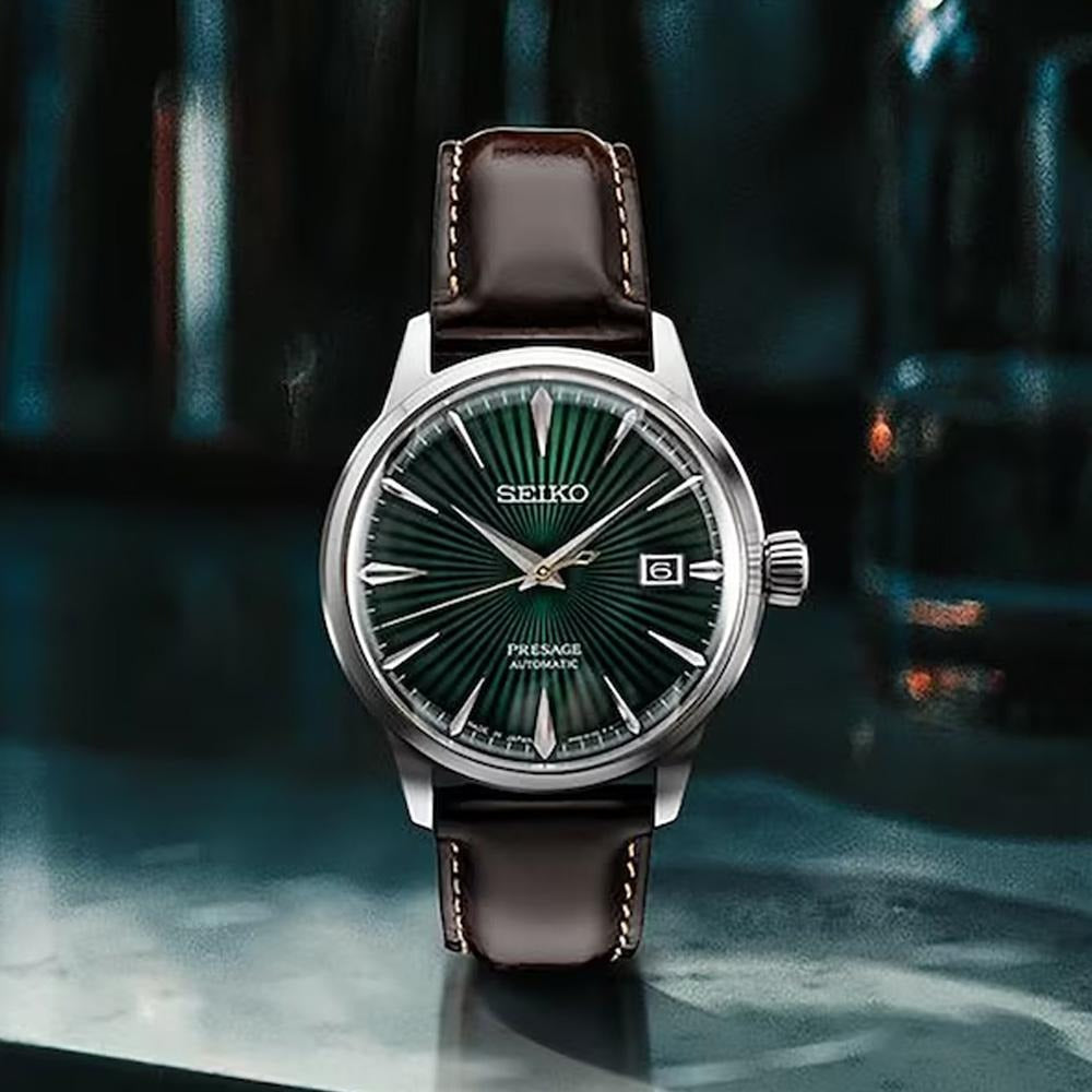 Seiko Presage Cocktail Time Automatic Green Dial Brown Leather Strap Watch for Men - SRPD37J1