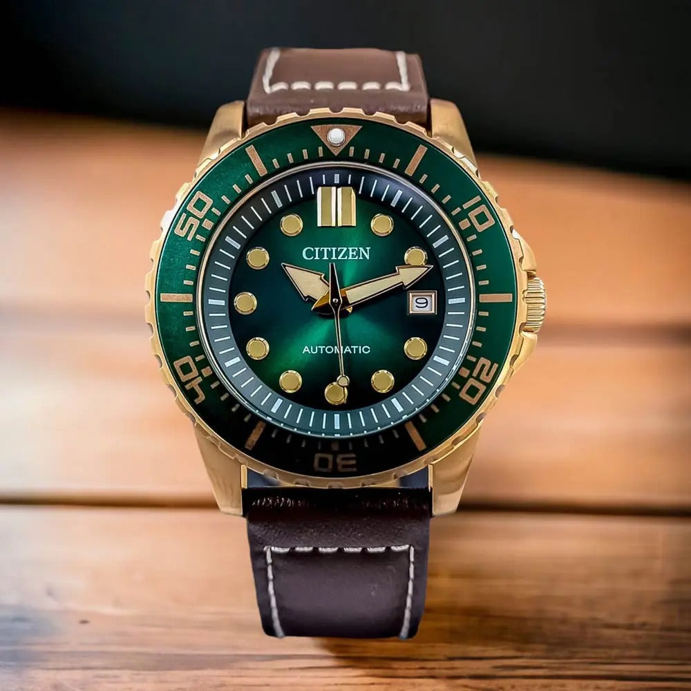 Citizen Mechanical Automatic Green Dial Brown Leather Strap Watch for Men - NJ0173-18X