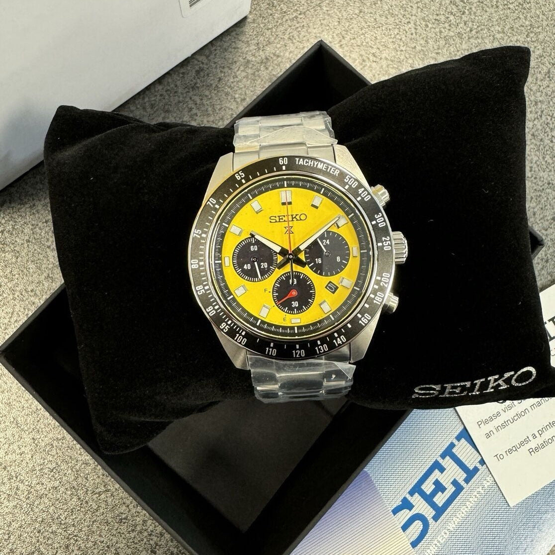 Seiko Prospex Speedtimer Solar Chronograph Yellow Dial Silver Steel Strap Watch for Men - SSC929