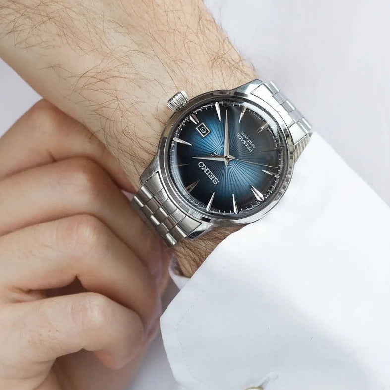 Seiko Presage Cocktail Time Automatic Blue Dial Silver Steel Strap Watch for Men - SRPB41J1