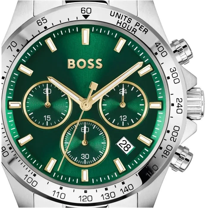 Hugo Boss Hero Chronograph Green Dial Silver Steel Strap Watch for Men - 1514217
