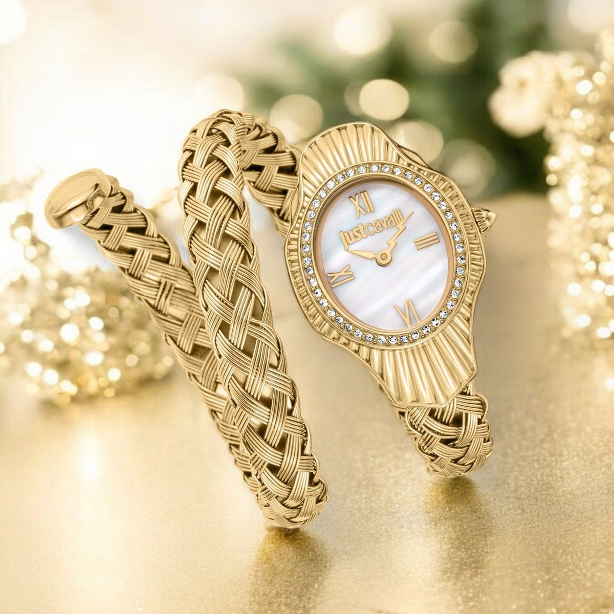 Just Cavalli Twined Mother of Pearl Dial Gold Steel Strap Watch for Women - JC1L305M0025
