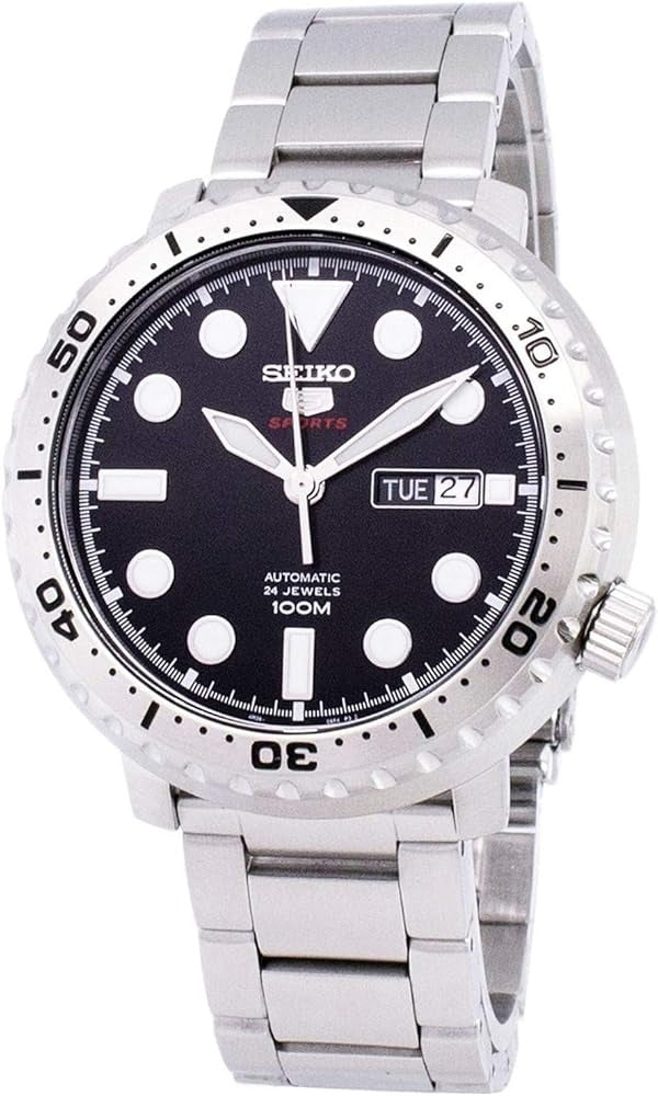 Seiko 5 Sports Automatic Black Dial Silver Steel Strap Watch for Men - SRPC61J1