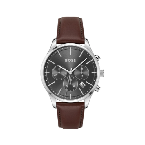 Hugo Boss Avery Chronograph Grey Dial Brown Leather Strap Watch for Men - 1514155