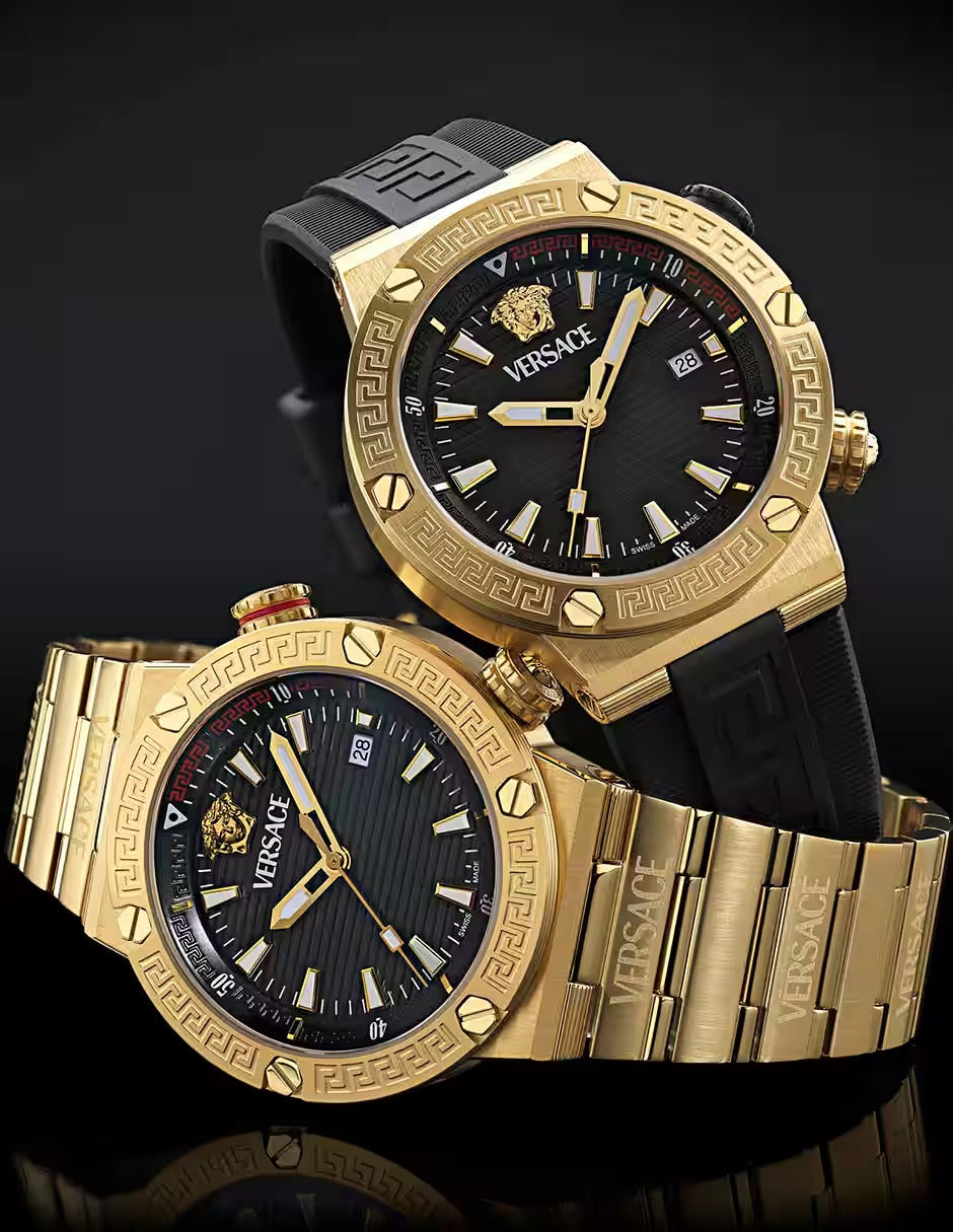 Versace Greca Logo Quartz Black Dial Gold Steel Strap Watch for Men - VE8G00624