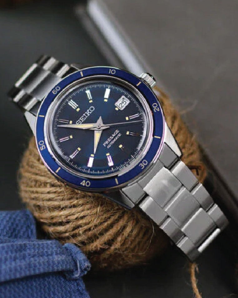 Seiko Presage Style60's Automatic Blue Dial Silver Steel Strap Watch for Men - SRPG05J1