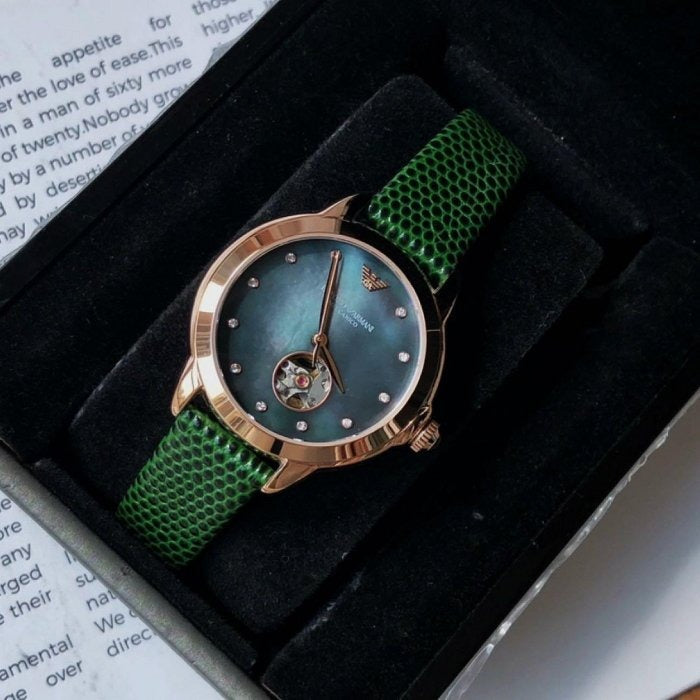 Emporio Armani Mia Meccanico Mother of Pearl Dial Green Leather Strap Watch for Women - AR60073