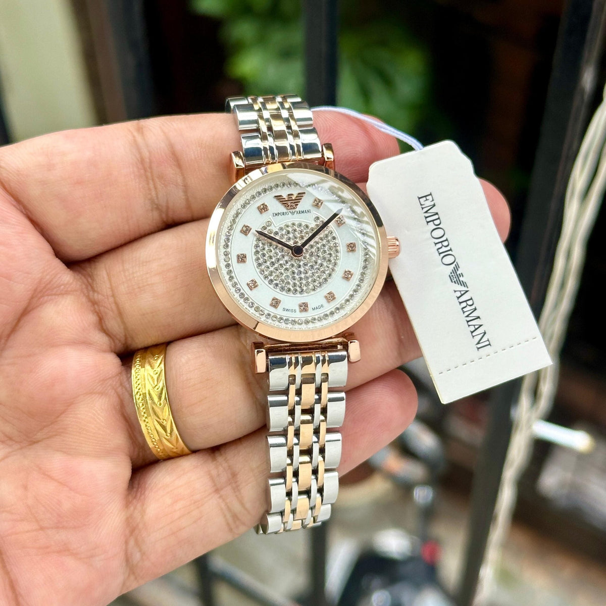 Emporio Armani Gianni T Bar Silver Dial Two Tone Steel Strap Watch for Women - AR11537