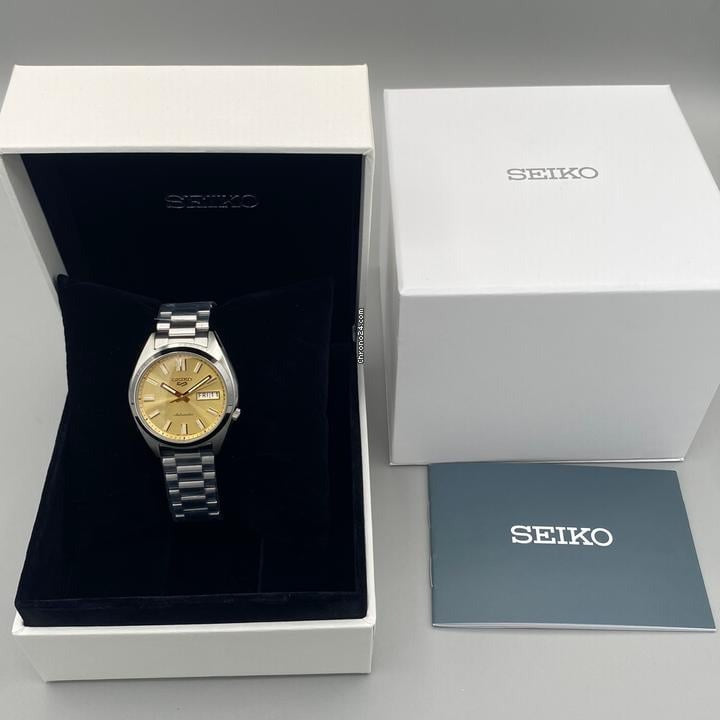 Seiko 5 Sports Automatic Gold Dial Silver Steel Strap Watch for Men - SRPL59K1