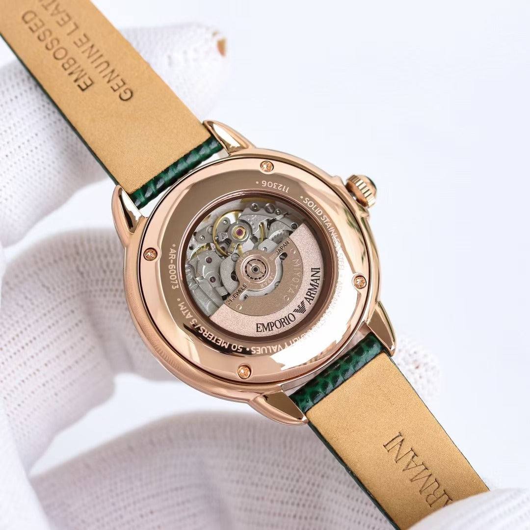 Emporio Armani Mia Meccanico Mother of Pearl Dial Green Leather Strap Watch for Women - AR60073