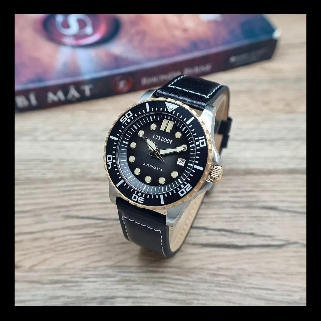 Citizen Mechanical Automatic Black Dial Black Leather Strap Watch for Men - NJ0176-10E