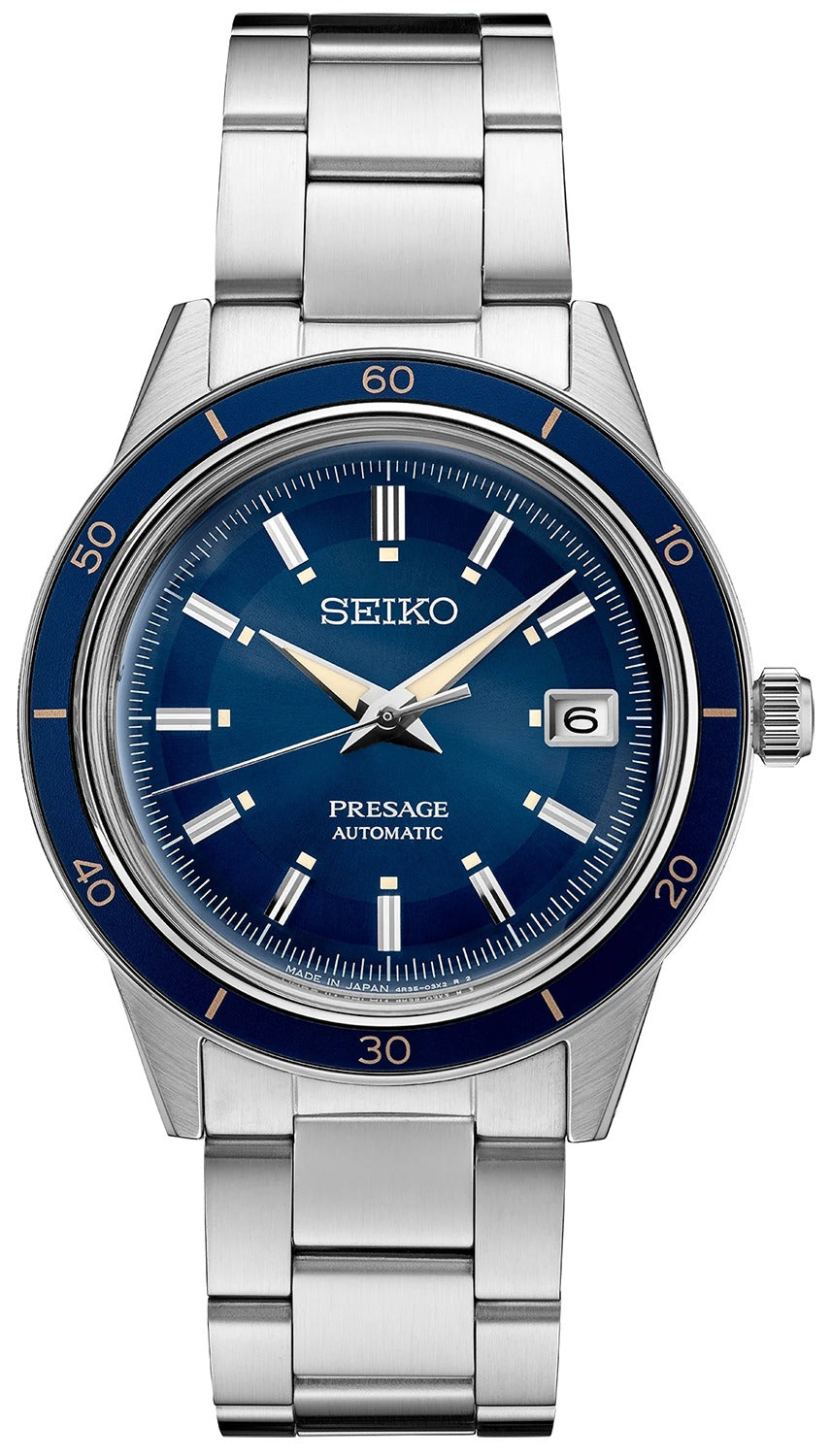 Seiko Presage Style60's Automatic Blue Dial Silver Steel Strap Watch for Men - SRPG05J1