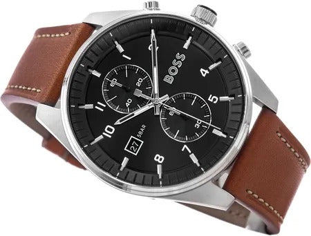 Hugo Boss Skytraveller Chronograph Black Dial Blue Leather Strap Watch for Men - 1514161