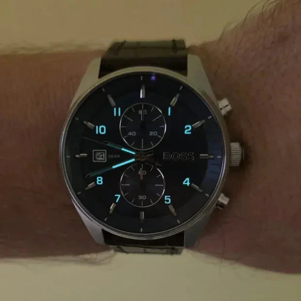 Hugo Boss Skytraveller Chronograph Blue Dial Brown Leather Strap Watch for Men - 1514194