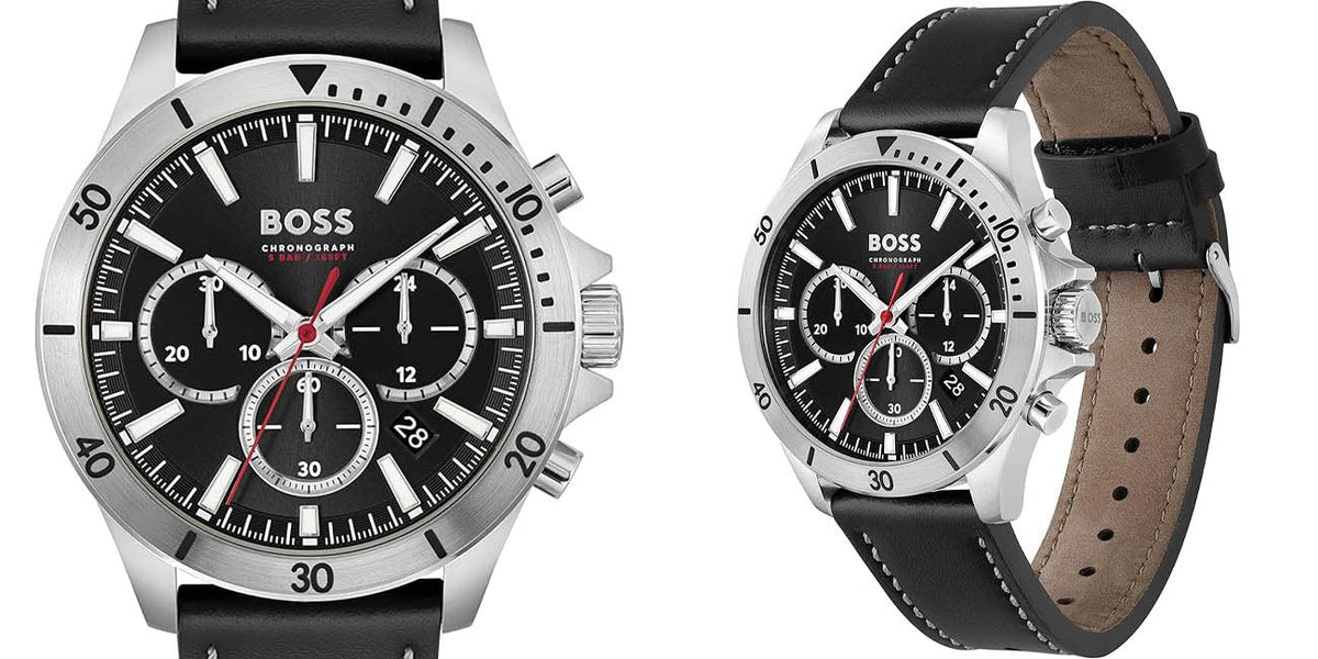 Hugo Boss Troper Chronograph Black Dial Black Leather Strap Watch for Men - 1514055