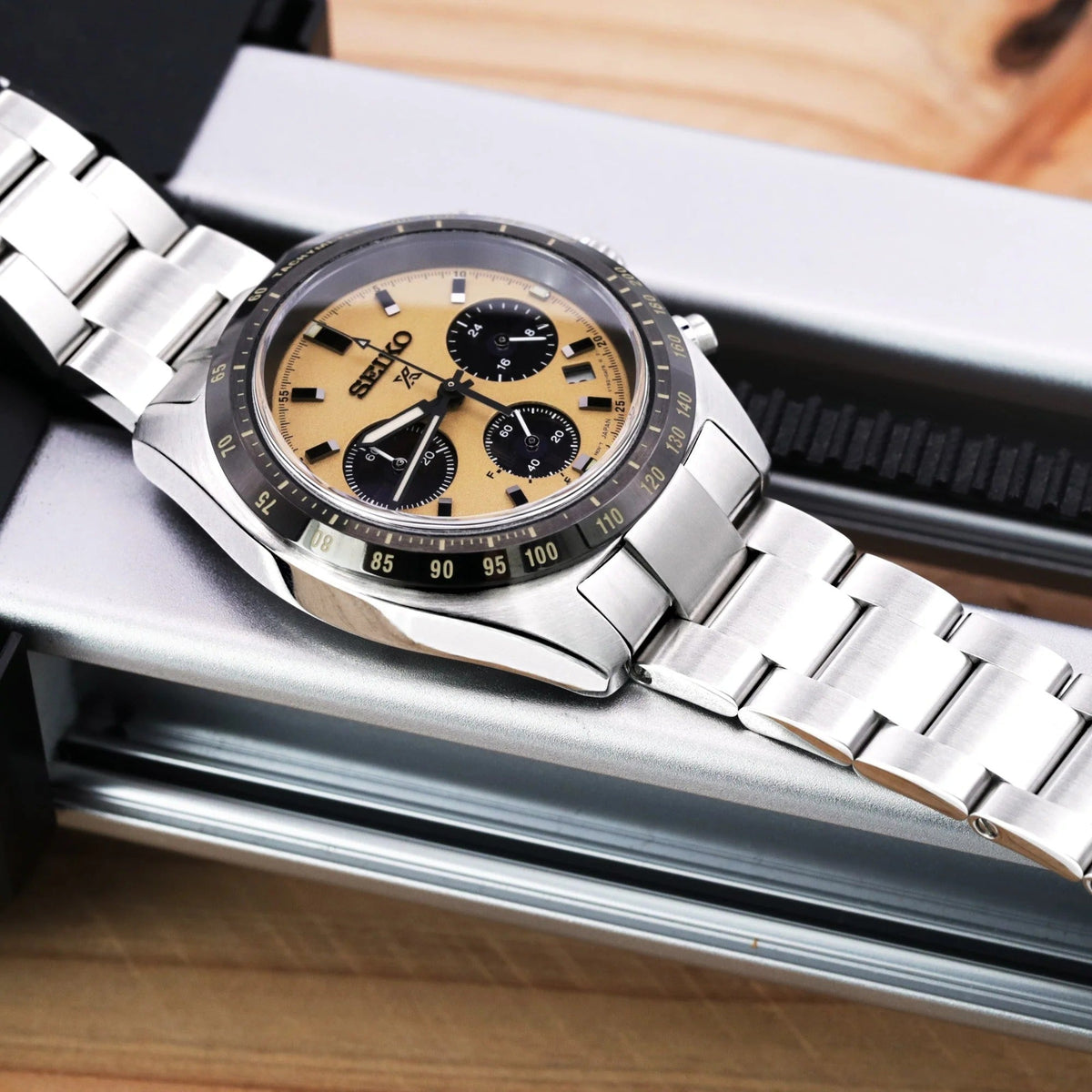 Seiko Prospex Speedtimer Solar Chronograph Gold Dial Silver Steel Strap Watch for Men - SSC817
