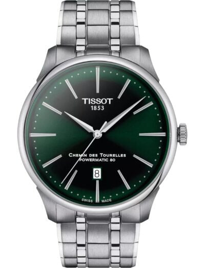 Tissot Chemin des Tourelles Powermatic 80 Green Dial Silver Steel Strap Watch for Men - T139.407.11.091.00