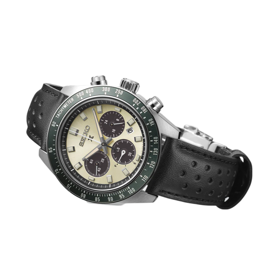 Seiko Prospex Speedtimer Solar Chronograph Ivory Dial Black Leather Strap Watch for Men - SSC943