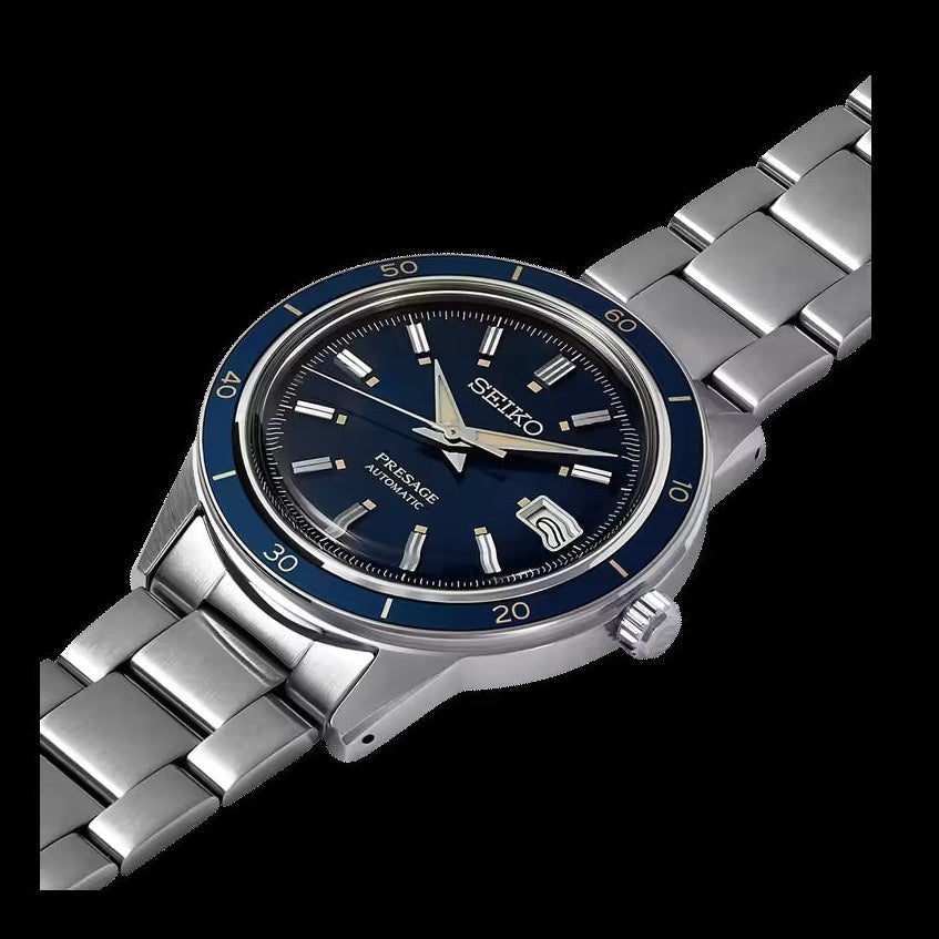 Seiko Presage Style60's Automatic Blue Dial Silver Steel Strap Watch for Men - SRPG05J1