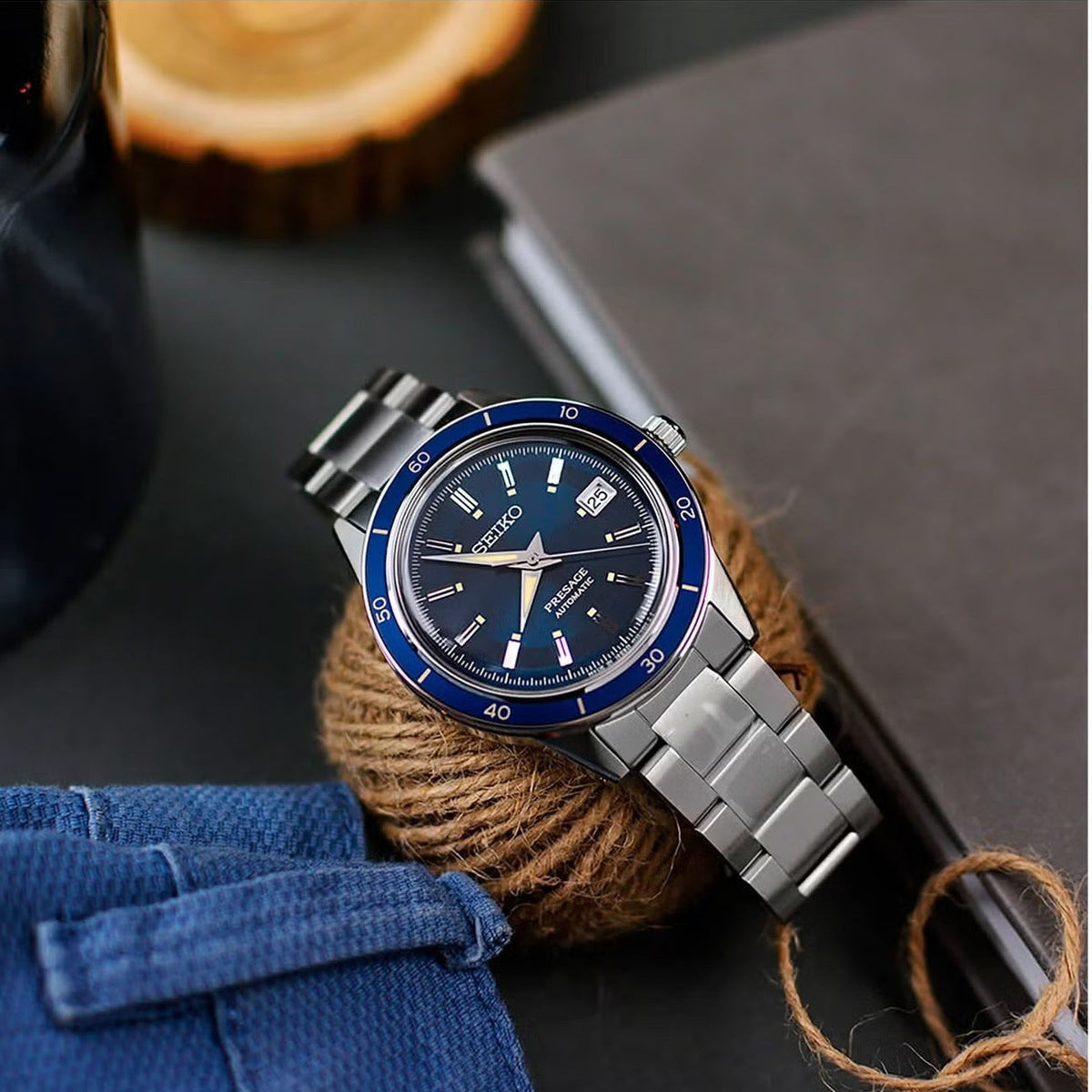 Seiko Presage Style60's Automatic Blue Dial Silver Steel Strap Watch for Men - SRPG05J1