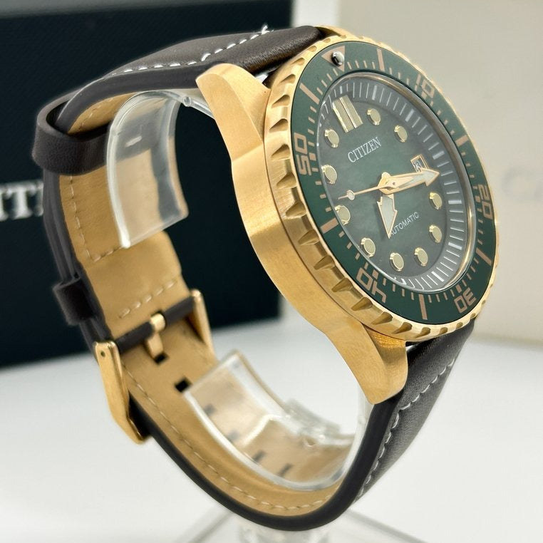 Citizen Mechanical Automatic Green Dial Brown Leather Strap Watch for Men - NJ0173-18X