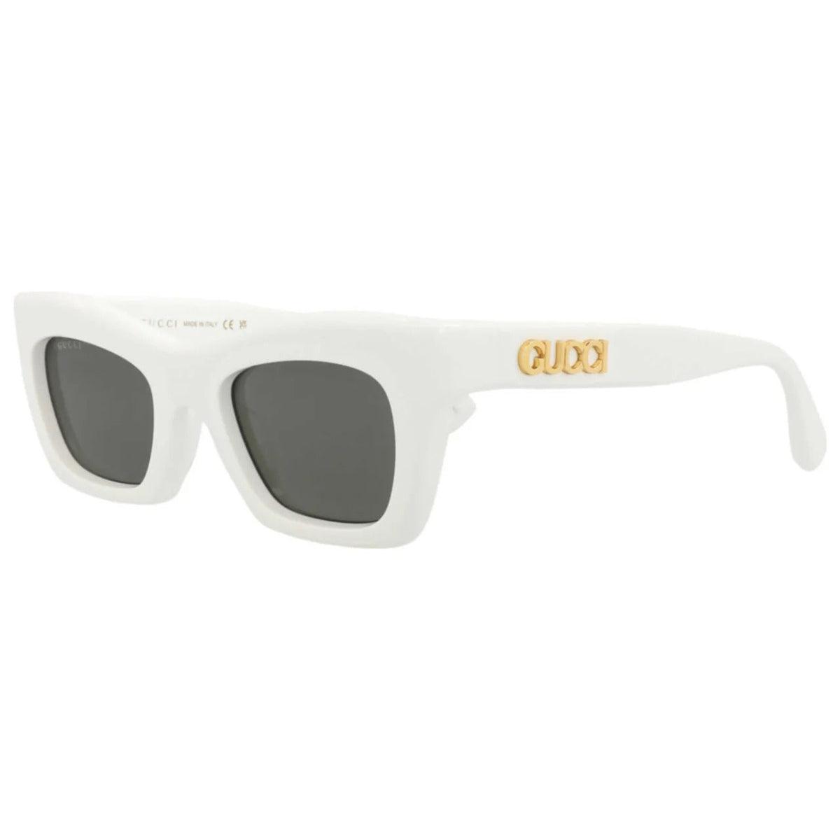 White Gucci luxury sunglasses with dark lenses and gold logo on the temples.