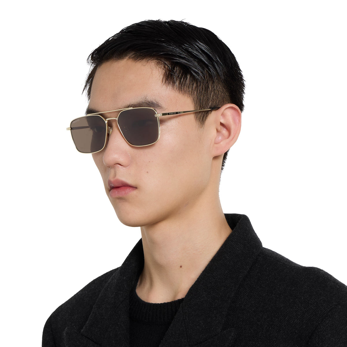 Gucci Men Specialized Fit Rectangular Frame Shiny Gold Sunglasses