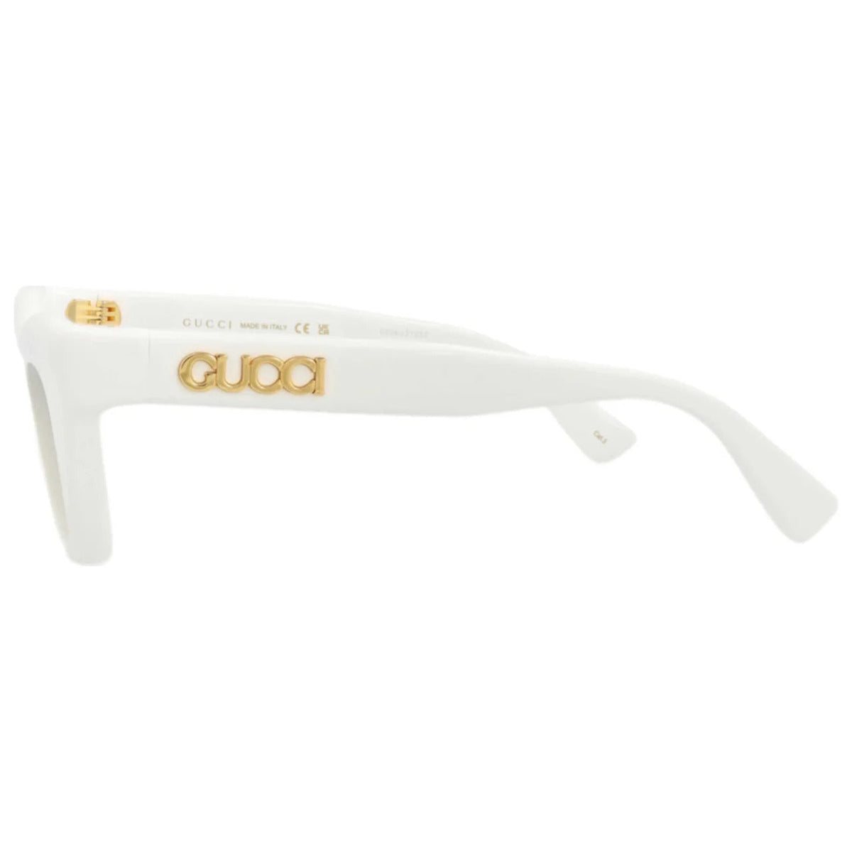 White luxury Gucci sunglasses with gold logo on the temple side view.