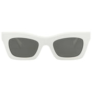 White cat-eye luxury sunglasses with dark grey lenses