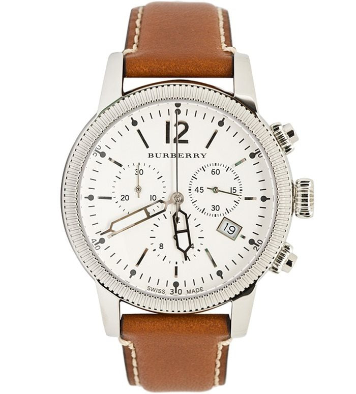 Burberry Utilitarian Chronograph White Dial Brown Leather Strap Watch for Men - BU7817