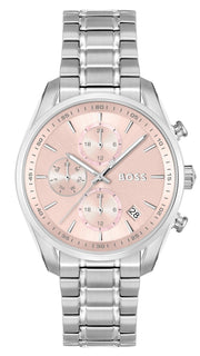 Hugo Boss Grand Tour Chronograph Pink Mother of Pearl Dial Silver Steel Strap Watch for Women - 1502765