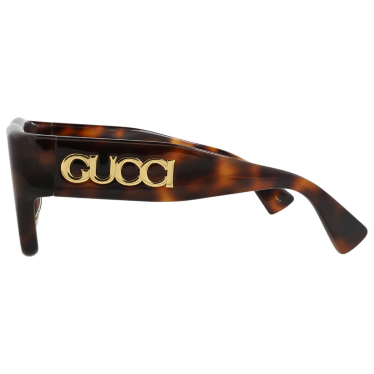 Tortoiseshell luxury sunglasses with gold Gucci logo on the temple