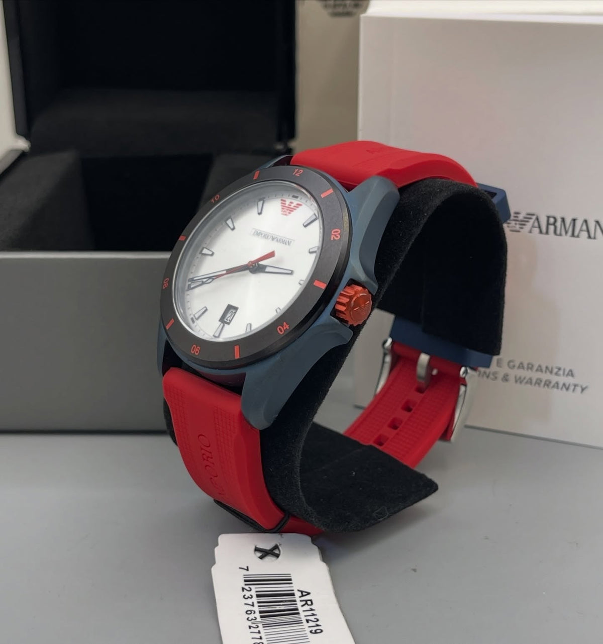 Emporio Armani Sigma Silver Dial Red Silicone Strap Watch for Men - AR11219