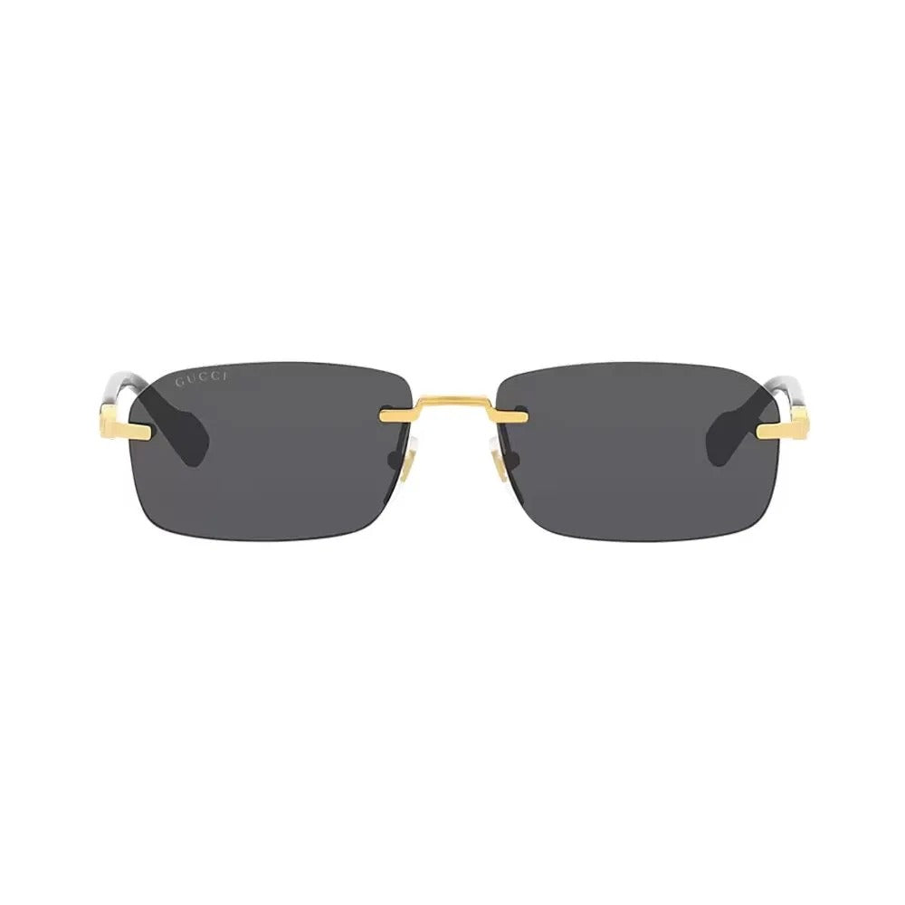 Gucci luxury rimless sunglasses with grey tinted lenses and gold-tone hardware