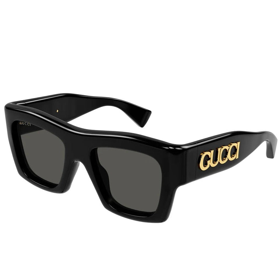 Black luxury square sunglasses with gold Gucci logo on the temples