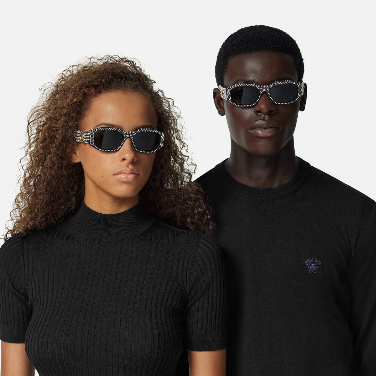 Versace Women Irragular Frame Shiny Black Sunglasses