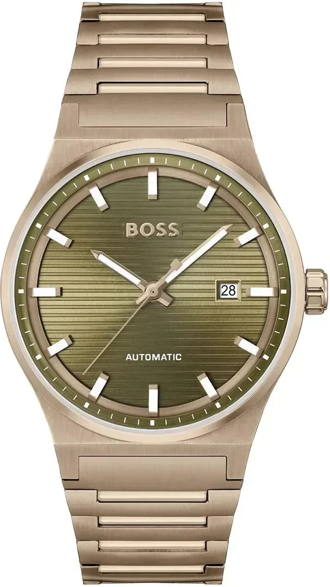 Hugo Boss Candor Automatic Olive Green Dial Brown Steel Strap Watch for Men - 1514184